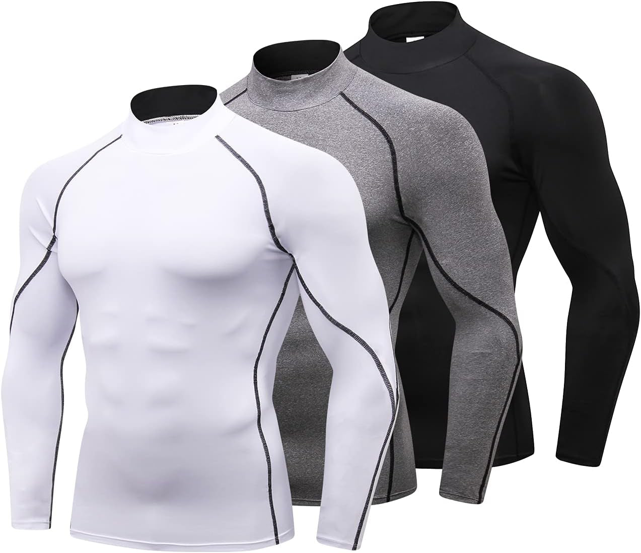 Elevate Your Workout with Our 3 Pack of Men's Mock Turtleneck Compression Shirts - Long Sleeve, Sun Protection, and Cooling Undershirts for Ultimate Comfort