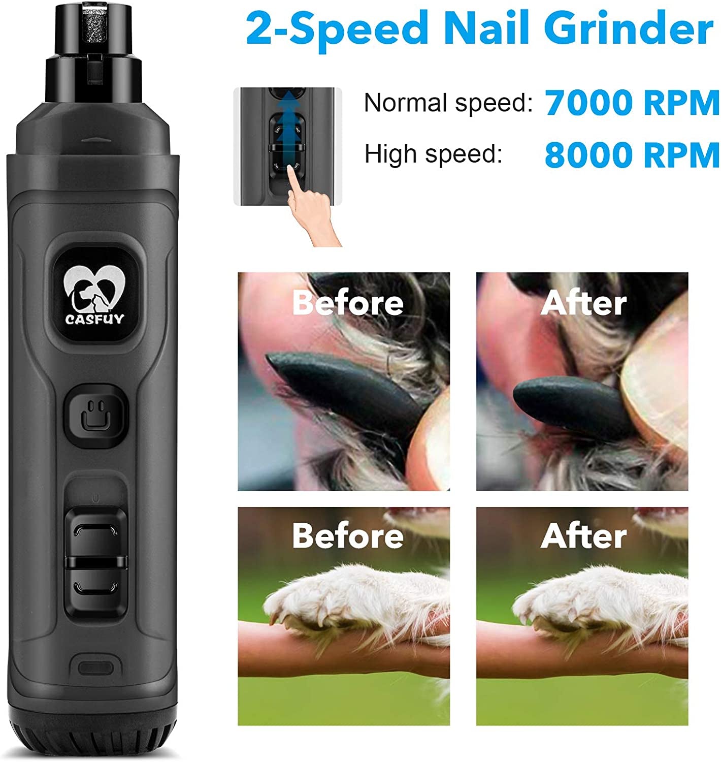 Revolutionary Dog Nail Grinder with Dual LED Lights - Powerful 2-Speed Electric Trimmer for Stress-Free Grooming of Dogs and Cats in Stylish Grey